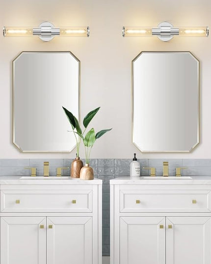 Chrome Wall Sconce, Bathroom Light Fixtures in Clear Glass Indoor Wall Sconces, Modern Sconce Wall Lighting Up and Down Vanity Lights Fixtures for Bathroom,Living Room - Bulb Not Included