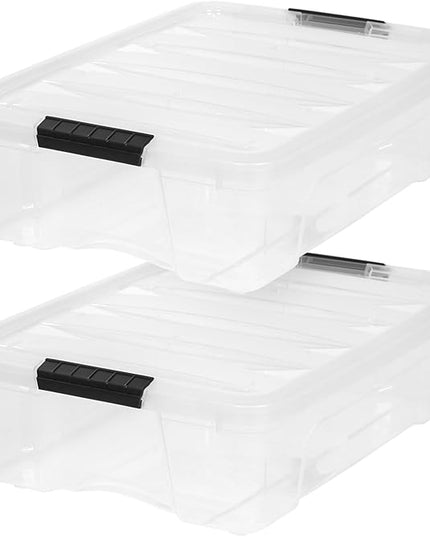IRIS USA 27 Qt Stackable Plastic Storage Bins with Lids, 2 Pack - BPA-Free, Made in USA - Discreet Organizing Solution, Latches, Durable Nestable Containers, Secure Pull Handle - Clear