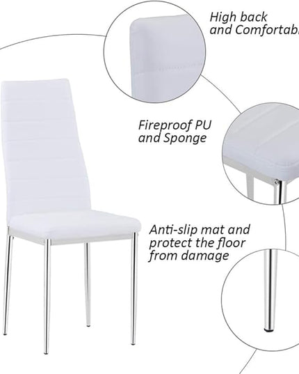 5 Piece Dining Table Table Set, Tempered Glass Dining Table Set for 4 Kitchen Table Set with 4 Upholstered Chairs for Kitchen Dining Room (Sliver Table with White Chair)