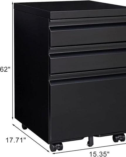 3-Drawer Lockable Mobile File Cabinet – Metal A4/Letter/Legal Size Storage for Home/Office, Pre-Assembled, Space-Saving Under-Desk Cabinet with Wheels (Black)