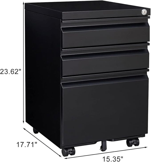 3-Drawer Lockable Mobile File Cabinet – Metal A4/Letter/Legal Size Storage for Home/Office, Pre-Assembled, Space-Saving Under-Desk Cabinet with Wheels (Black)