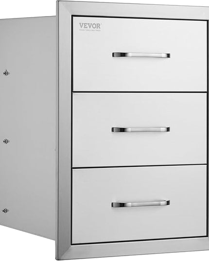VEVOR Outdoor Kitchen Drawer Cabinets 16" W x 21.5" H x 18" D, BBQ Drawer Stainless Steel, Flush Mount Triple Access, with Handle, BBQ Island, Outdoor Grill Patio Grill Station