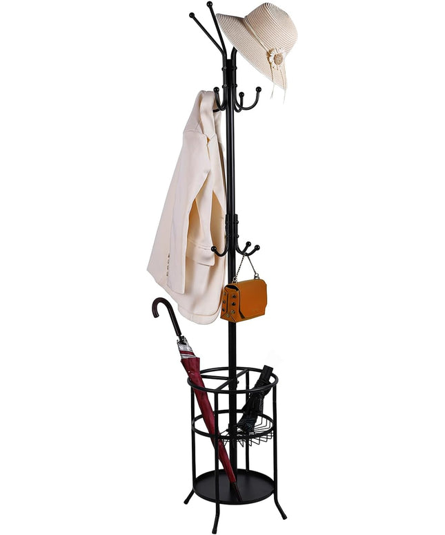 Metal Coat Rack, Freestanding Coat Rack Stand with Umbrella Holder, Coat Tree with 12 Hooks for Clothes Hats Bags, Modern Coat Hanger Stand for Entryway Living Room Bedroom Office Use, Black