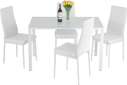 FDW | 5-Piece Dining Table Set | White | Glass Kitchen Table with 4 Upholstered Chairs and Faux Leather Cushions | Space-Saving and Modern Design | for Dining Room, Easy to Assemble