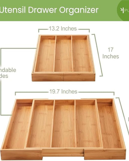 Purawood Kitchen Drawer Organizer - Expandable Utensil Drawer Organizer for Kitchen, Cutlery Tray & Silverware Organizer, 3-5 Slots - Bamboo Organizer for Utensils & Flatware (Natural)