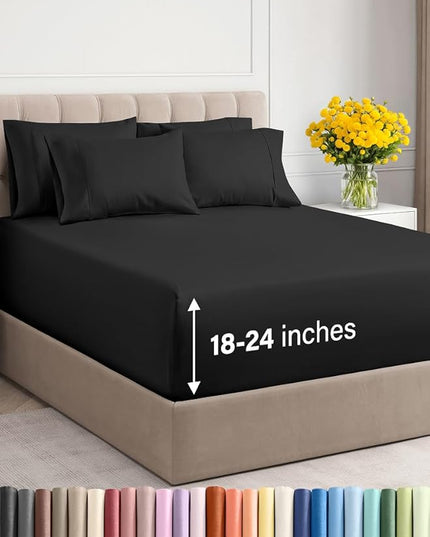 Extra Deep Queen Sheet Set - 6 Piece Breathable and Cooling Sheets - Hotel Luxury Bed Sheets Set - Easy & Secure Fit - Soft, Wrinkle Free and Comfy Sheets Set - Black Sheet Set with Extra Deep Pockets