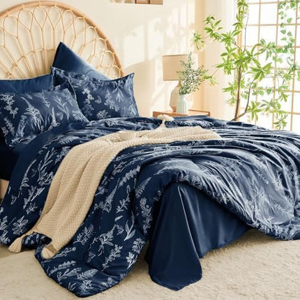 MUXHOMO Navy Blue Bed in a Bag Queen 7 Pieces, Queen Comforter Set Reversible Botanical Flowers Design, Ultra Soft & Breathable Bedding Sets with Comforter, Sheets, Pillowcases & Shams