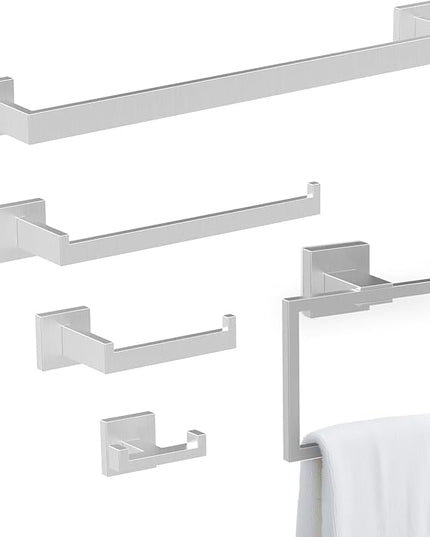 BOZWELL 5 Piece Brushed Nickel Stainless Steel Towel Bar Set, 23.6 inch Square Bathroom Hardware Accessories Set,Wall Mounted Towel Racks for Bathroom with TP