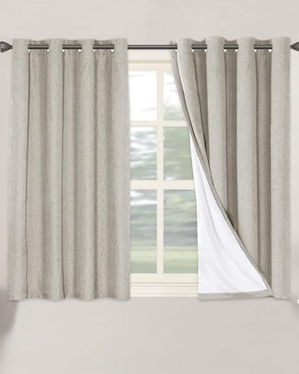 H.VERSAILTEX Linen Blackout Curtains 45 Inches Long 100% Absolutely Blackout Thermal Insulated Textured Linen Look Curtain Draperies Anti-Rust Grommet, Energy Saving with White Liner, 2 Panels, Stone