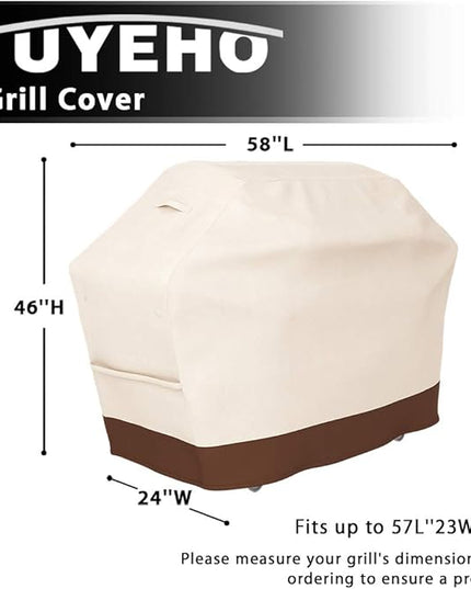 Tuyeho Grill Cover 58 x 24 x 46 inch, 600D Heavy Duty Gas BBQ Cover w/Side Fasteners Straps, Waterproof & Weather Resistant for Your Weber, Char-Broil, Brinkmann, Holland, Jenn Air (Beige & Brown)