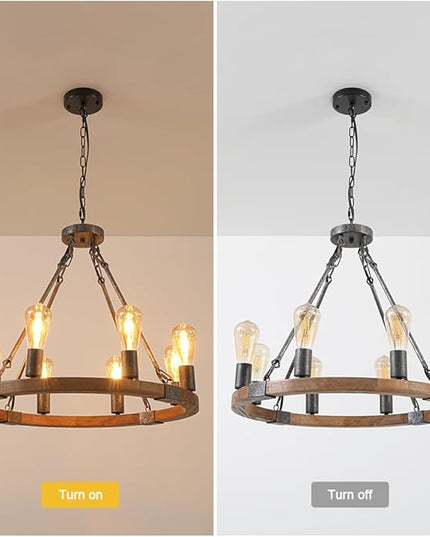 Farmhouse Wooden Wagon Wheel Chandelier 8 Lights 23.8'' Vintage Wood Round Chandelier Rustic Black Pendant Light Fixtures for Living Dining Room Kitchen Entryway Foyer