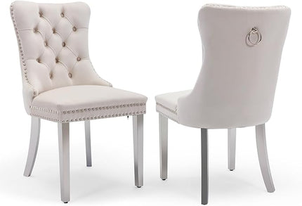 SoarFlash Velvet Dining Chairs Set of 2, Tall Back Side Chair, Modern Upholstered High-end Tufted Side Chair with Button Back Ring, Silver Plated Legs (Beige)