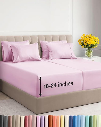 Extra Deep Split King Sheet Set - 7 Piece Breathable & Cooling Sheets - Hotel Luxury Bed Sheets Set - Easy Fit - Soft, Wrinkle Free & Comfy Sheets Set - Light Pink Sheet Set with Extra Deep Pockets
