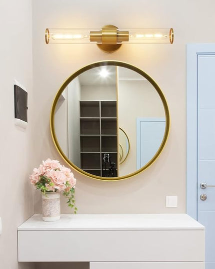 Gold Wall Sconce, Bathroom Light Fixtures in Clear Glass Indoor Wall Sconces, Modern Sconce Wall Lighting Up and Down Vanity Lights Fixtures for Bathroom,Living Room - Bulb Not Included