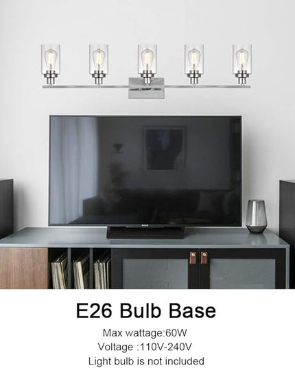 MELUCEE Modern Vanity Lights for Bathroom 5 Lights Chrome Finish with Clear Glass Shade, Contemporary Metal Wall Light Fixtures for Dressing Table Mirror Cabinets (Patent No.: US D963914 S)
