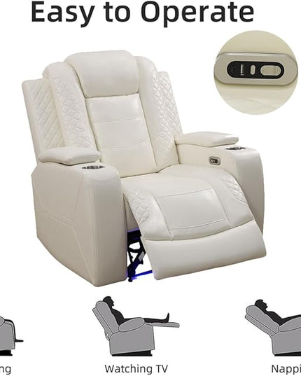 Power Recliner Sofa Set, Living Room Furniture Sets,Leather Sofa and 2 Chairs Set, Modern Power Reclining Sets with Cup Holder/Storage Console for House, Creamy White
