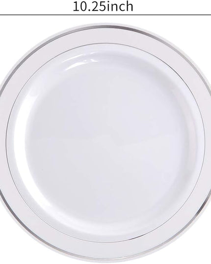 bUCLA 100Pieces Silver Plastic Plates - 10.25inch Silver Rim Disposable Dinner Plates - Ideal for Weddings, Parties