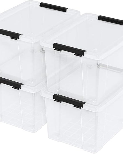 22 Quart Stackable Plastic Storage Bins with Lids and Latching Buckles, 4 Pack Tubs Boxes Organizing, Clear