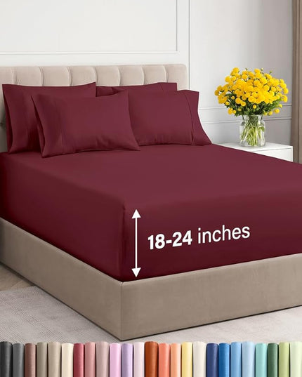 Extra Deep Queen Sheet Set - 6 Piece Breathable & Cooling Sheets - Hotel Luxury Bed Sheets Set - Easy & Secure Fit - Soft, Wrinkle Free & Comfy Sheets Set - Burgundy Sheet Set with Extra Deep Pockets