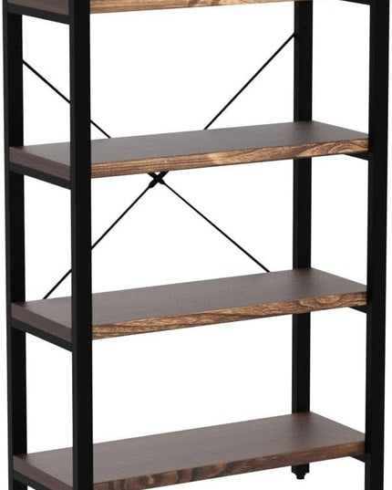 Solid Wood Bookshelf,4 Tier Rustic Vintage Industrial Etagere Bookcase, Open Metal and Wood Vintage Book Shelf, Retro Brown (RealWood)(4-Tier)