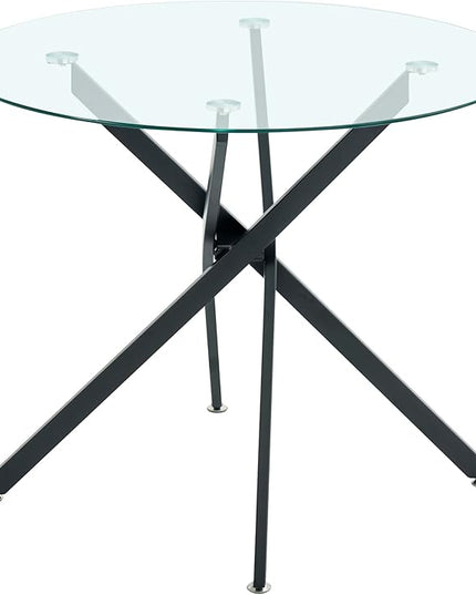 36" Round Glass Dining Table Modern Kitchen Glass Top Table for 4 with Black Metal Legs, Clear Dining Table Kitchen Table for Home Office Dining Room