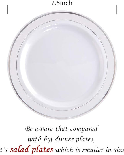bUCLA 100Pieces Silver Rim Plastic Plates - 7.5inch Silver Salad/Dessert Plates Disposable - Ideal for Weddings, Parties & Christmas