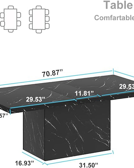 HSH 71” Black Dining Table for 6-8, Rectangle Modern Faux Marble Dinner Table, Large Dining Room Table for Kitchen Living Room, Industrial Wood Kitchen Table only with Sturdy Base, Black, 71 Inch