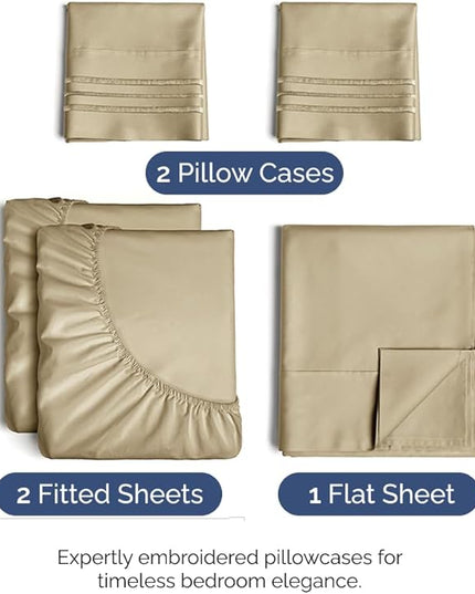 Split King Size 5 Piece Sheet Set - Comfy Breathable & Cooling Bed Sheets Set - Hotel Luxury Bedding for Women, Men, Kids, Teens, Boys & Girls - Deep Pockets, Soft and Wrinkle Free - Oeko-Tex - Beige