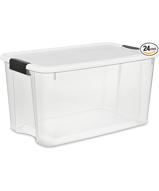 Sterilite 24-Pack Ultra Latching Box, Storage Bins with Lids, Clear Plastic, 70 Quart - Heavy-Duty Organizing Containers for Closet, Bathroom, and Office