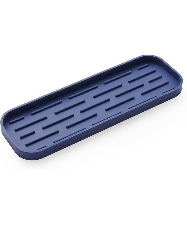 Silicone Kitchen Sink Organizer Tray for Multiple Usage,Eco-Friendly Sponges Holder for Kitchen Bathroom Counter or Sink,Dish Soap Dispenser,Scrubber,Bottle,Cup (Navy Blue, 12"×4")