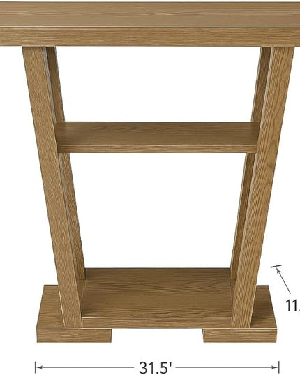 CARTESIAN Modern V-Shaped Console Table with 2 Shelves, Oak Wood Finish, 31.5 x 11.5 x 34 inches, Contemporary Entryway Sofa Table for Living Room