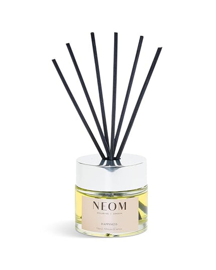 NEOM Happiness Reed Diffuser, 3.38fl oz | Uplifting Scent | Neroli, Mimosa & Lemon Essential Oil Blends| 100% Natural Fragrance | Scent to Make You Happy…