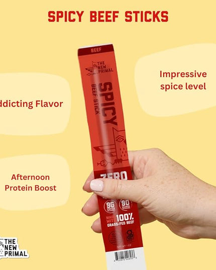 The New Primal Grass-Fed Spicy Beef Sticks, Keto, Gluten Free Healthy Snacks for Adults, Sugar Free Low Carb High Protein Snack, Paleo Whole30 Jerky Stick, 9g Protein, 20 Ct