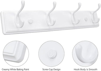 Wooden Coat Rack, Wall-Mounted Organizer for Closet, Entryway, Hallway, Foyer, Bedroom, Heavy Duty Double Hooks for Hanging Towels, Bags, Hats, Jackets, Key (White, 4 Hooks)