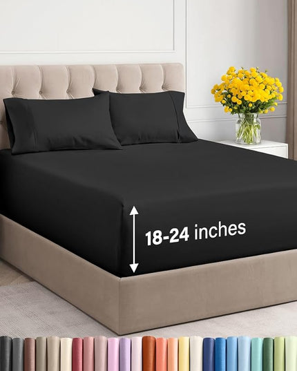 Extra Deep Twin Sheet Set - 4 Piece Breathable and Cooling Sheets - Hotel Luxury Bed Sheets Set - Easy & Secure Fit - Soft, Wrinkle Free and Comfy Sheets Set - Black Sheet Set with Extra Deep Pockets
