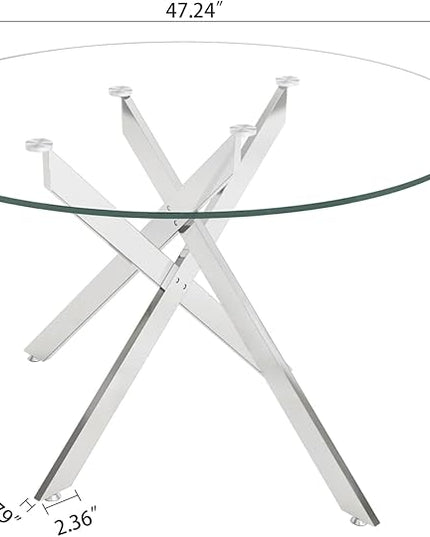 Round Glass Dining Table Set for 4, 47'' Clear Circular Kitchen Table and Chairs Set, 5PCS Modern Circle Dining Room Table Set with 4 Velvet Dining Chair for Home