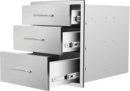 Outdoor Kitchen Drawers 18" W x 21" H x 23" D Flush Mount Triple BBQ Drawers with Chrome Handle Stainless Steel Drawer for Outdoor Kitchen Island, Patio Grill Station