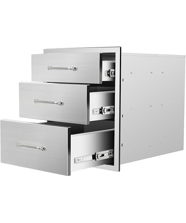 Outdoor Kitchen Drawers 18" W x 21" H x 23" D Flush Mount Triple BBQ Drawers with Chrome Handle Stainless Steel Drawer for Outdoor Kitchen Island, Patio Grill Station