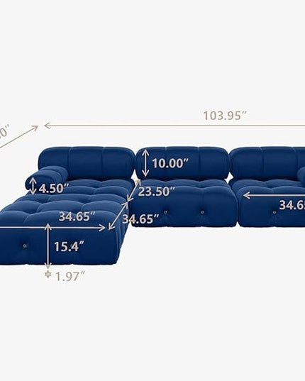 JACH 104" Modular Sectional Couch, L-Shaped Minimalist Velvet Sofas, Convertible Comfy Couch, Sectional Sofa with Reversible Chaise Ottoman for Living Room, Apartment (Blue)