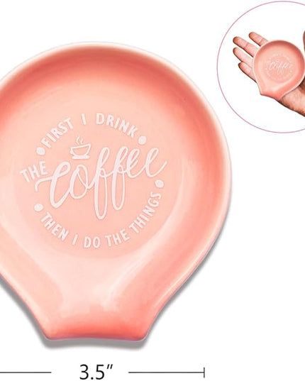Funny Coffee Quote First I Drink The Coffee Then I Do The Things Ceramic Spoon Holder- Orange Pink Coffee Spoon Rest -Cafe Station Bar Accessories