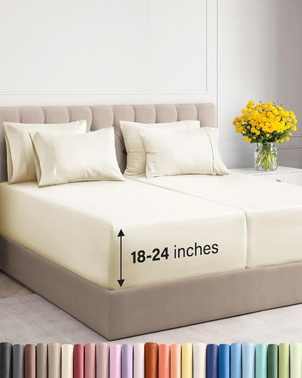 Extra Deep Split King Sheet Set - 7 Piece Breathable and Cooling Sheets - Hotel Luxury Bed Sheets Set - Easy Fit - Soft, Wrinkle Free and Comfy Sheets Set - Off White Sheet Set with Extra Deep Pockets