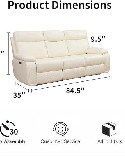 Power Recliner Sofa Sectional Couches with LED Light, Leather Reclining 3-Seat Sofa, Living Room Furniture, Reclining Sofa with Cup Holders/Storage Console for House(Vanilla White)