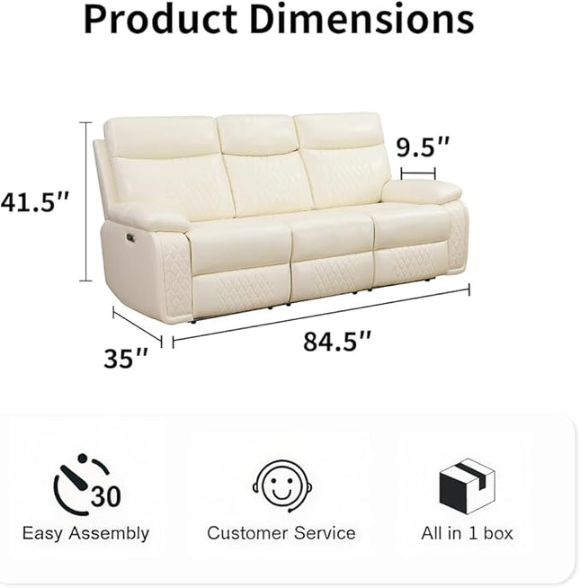 Power Recliner Sofa Sectional Couches with LED Light, Leather Reclining 3-Seat Sofa, Living Room Furniture, Reclining Sofa with Cup Holders/Storage Console for House(Vanilla White)