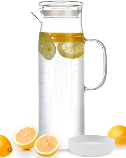 hjn Glass Pitcher with Lid Glass Water Carafe with Handle, Fridge Water Jug Cold or Hot Beverages, Iced Tea, Milk, Juice 1500ml/51oz & glass lid