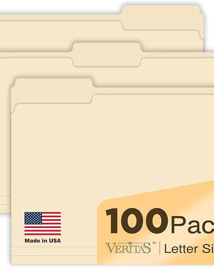 Manilla Folders 8.5 x 11 100-Pack Letter Size 1/3-Cut Tabs Manila File Folders 120LB Heavyweight Paper for Office, School, Home Filing Made in USA Durable File Folders