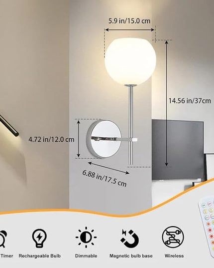 Chrome Battery Operated Wall Sconces Set of 2, Rechargeable Wireless Wall Lights with Milky White Frosted Glass Shade, 12 RGB and 3CCT Dimmable, Wall Lamps with Remote for Bedroom Living Room Hallway
