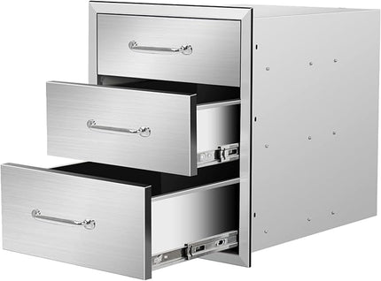 Outdoor Kitchen Drawers 18" W x 21" H x 21" D Flush Mount Triple BBQ Drawers with Chrome Handle Stainless Steel Drawer for Outdoor Kitchen Island, Patio Grill Station