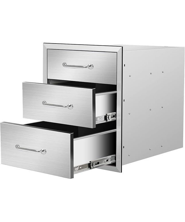 Outdoor Kitchen Drawers 18" W x 21" H x 21" D Flush Mount Triple BBQ Drawers with Chrome Handle Stainless Steel Drawer for Outdoor Kitchen Island, Patio Grill Station