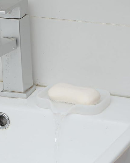 Silicone Bathroom Soap Dishes with Drain Spout-Bathroom and Kitchen Sink Organizer,Sponge Holder,Dish Soap Tray,Perfect for Dispenser,Scrubber,Bottle,Cup on Counter Translucent 4.9"×3.2"