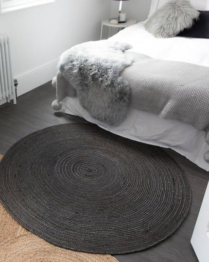 FRELISH DECOR Handwoven Jute Area Rug - Black Round Rustic Vintage Braided Reversible Rug - Eco Friendly Rug for Bedroom - Kitchen - Living Room - Farmhouse (4' Round - Black)
